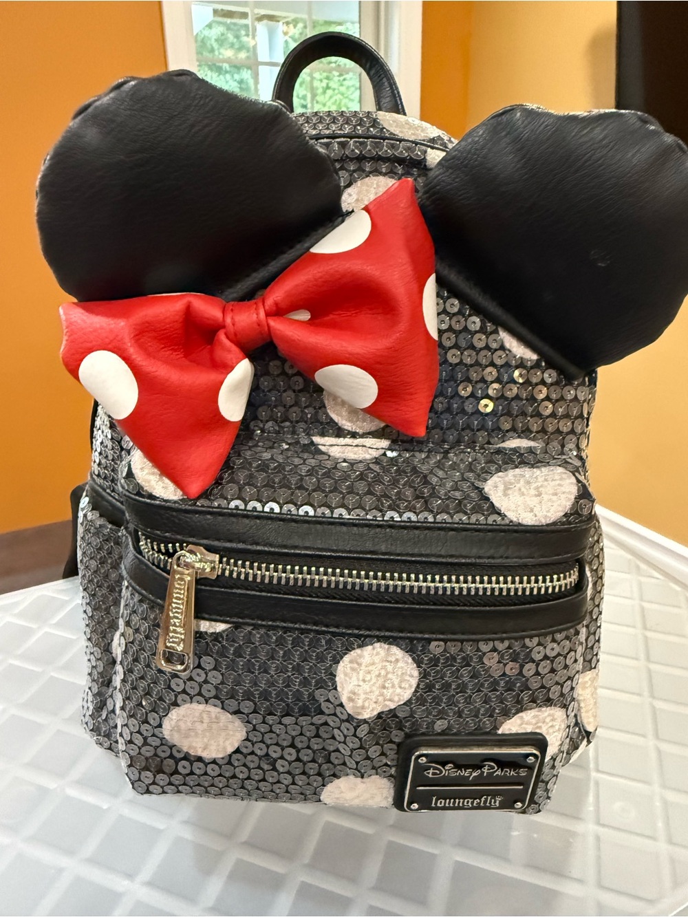 Loungefly Black Sequin Minnie Ears Mini Backpack with Red Polka Dot Bow